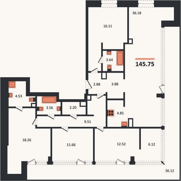 Планировка: 4+ к, 145,8 м²
