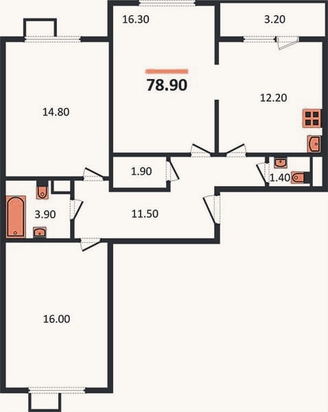 Планировка: 3-к, 78,9 м²