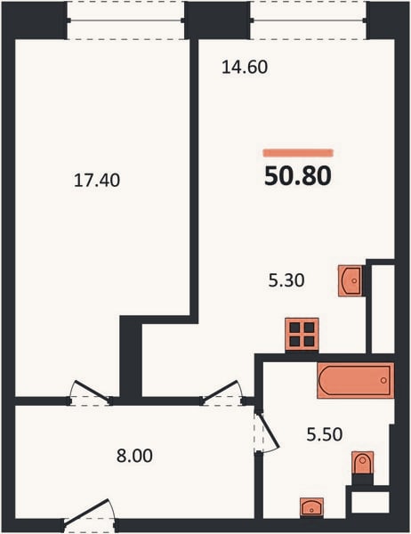 Планировка: 1-к, 50,8 м²