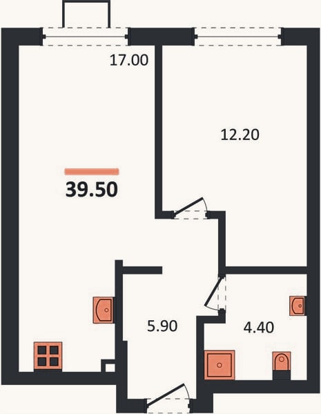 Планировка: 1-к, 39,5 м²