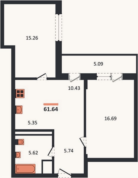 Планировка: 2-к, 61,6 м²