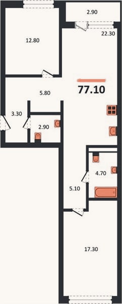 Планировка: 2-к, 77,1 м²
