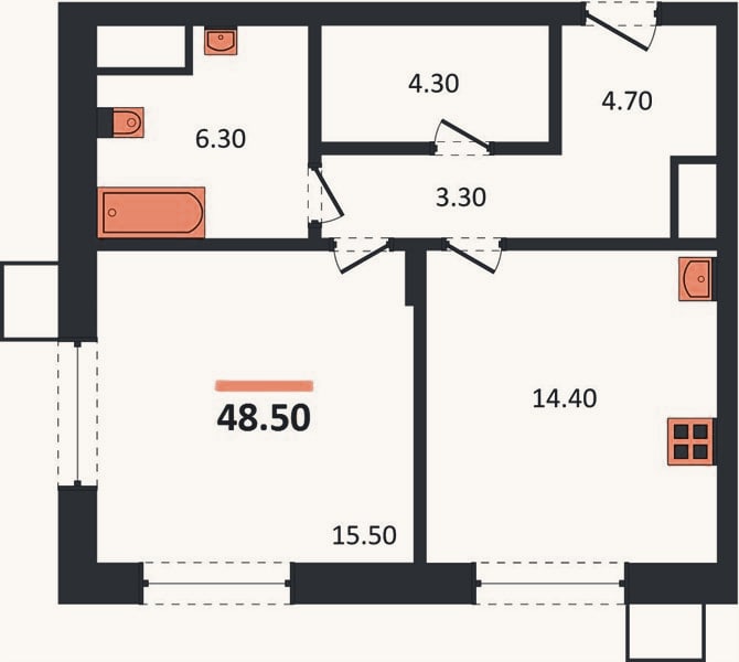 Планировка: 1-к, 48,5 м²