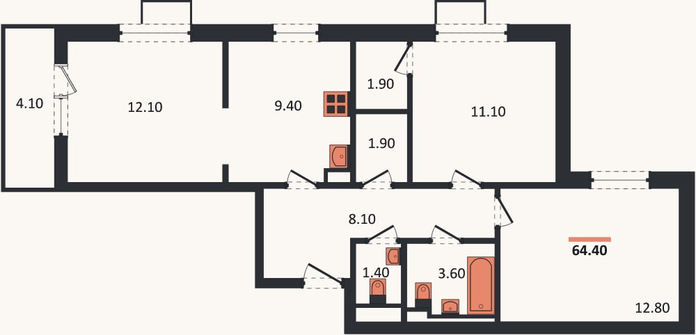 Планировка: 3-к, 64,4 м²