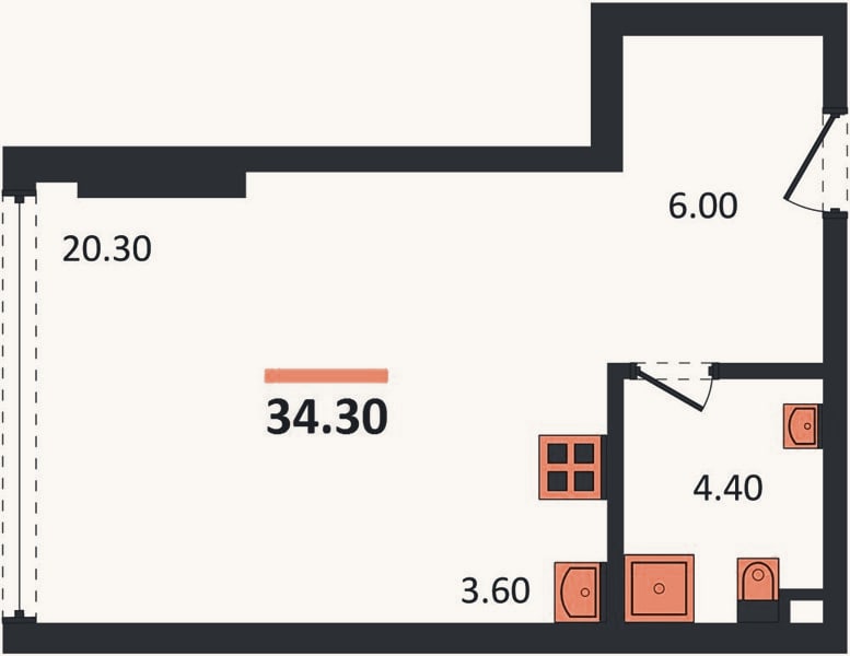 Планировка: Студия, 34,3 м²