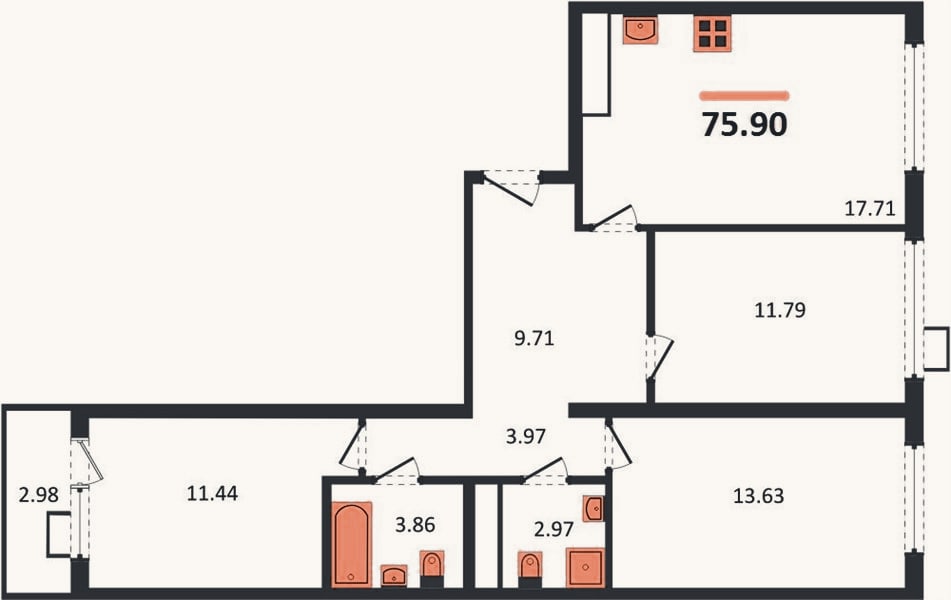 Планировка: 3-к, 75,9 м²