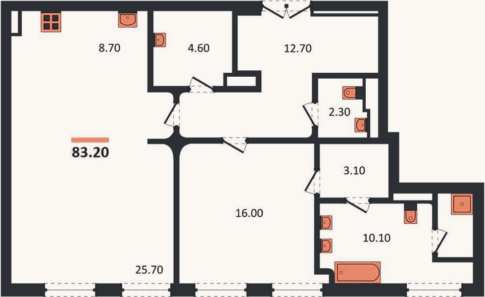 Планировка: 1-к, 83,2 м²