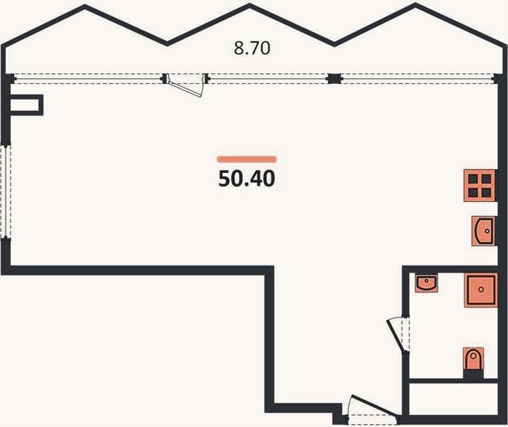 Планировка: 1-к, 50,4 м²
