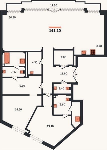 Планировка: 2-к, 141,1 м²
