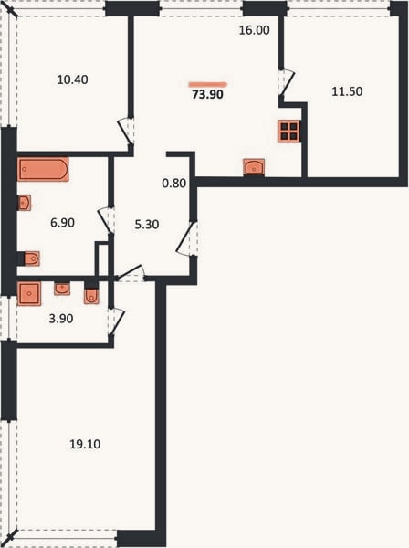Планировка: 3-к, 76,1 м²