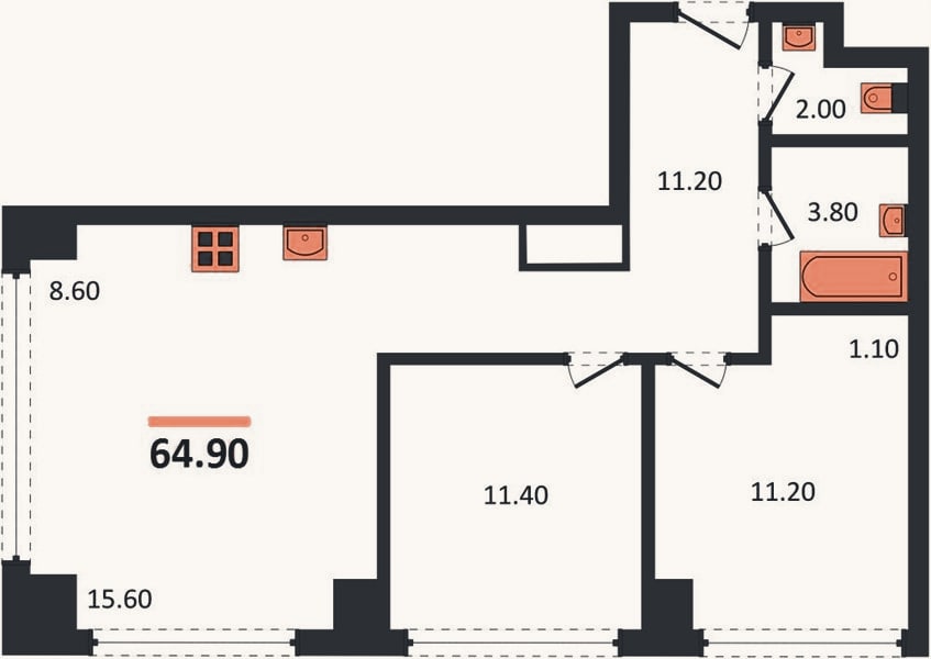 Планировка: 2-к, 64,9 м²