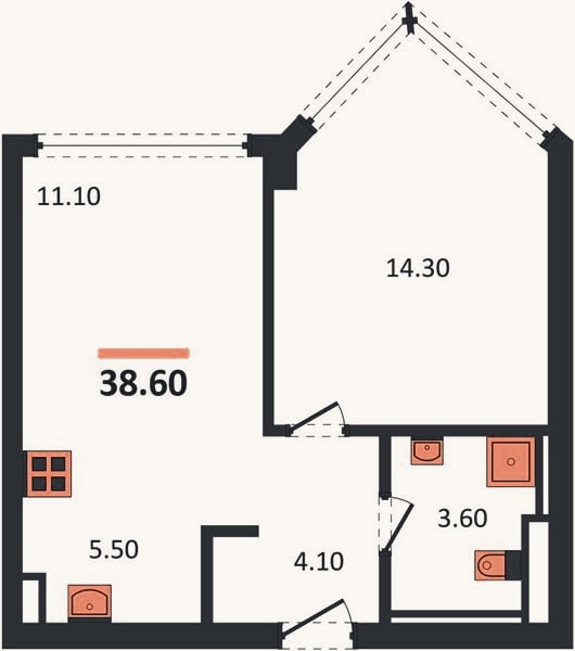 Планировка: 1-к, 38,6 м²