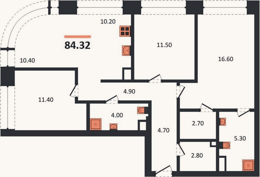 Планировка: 3-к, 84,3 м²
