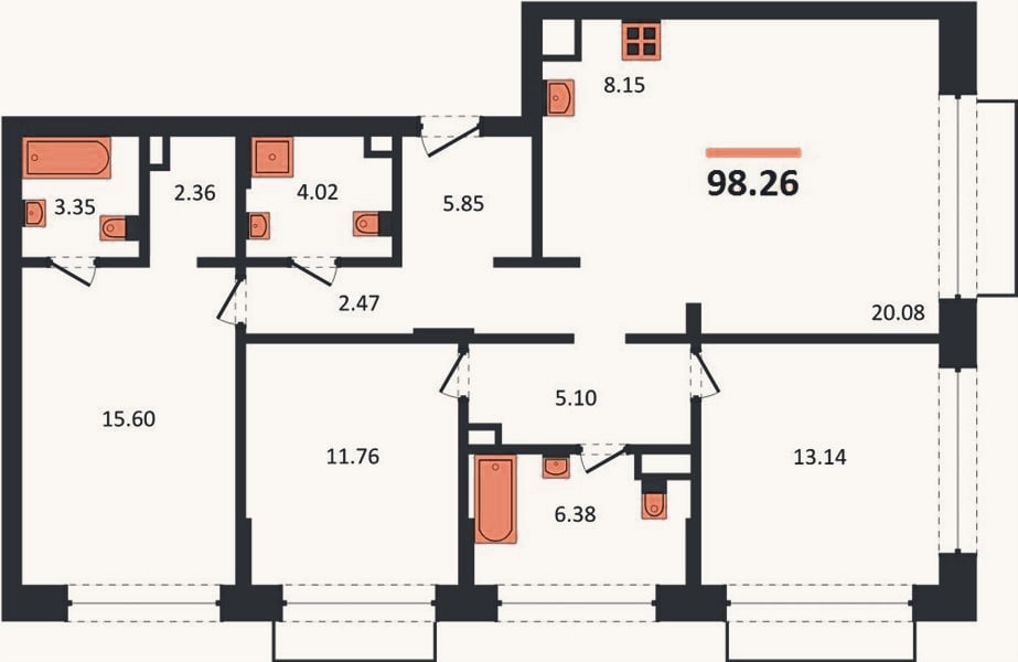 Планировка: 3-к, 98,3 м²