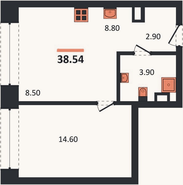 Планировка: 1-к, 38,5 м²