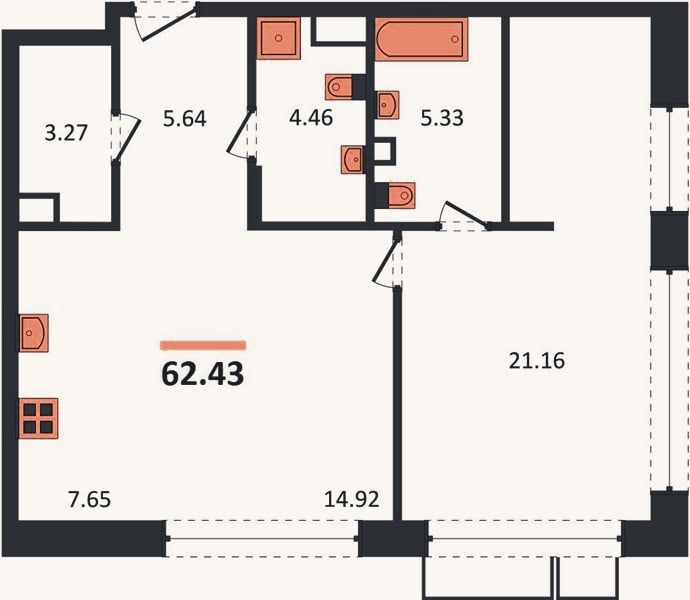Планировка: 1-к, 62,4 м²