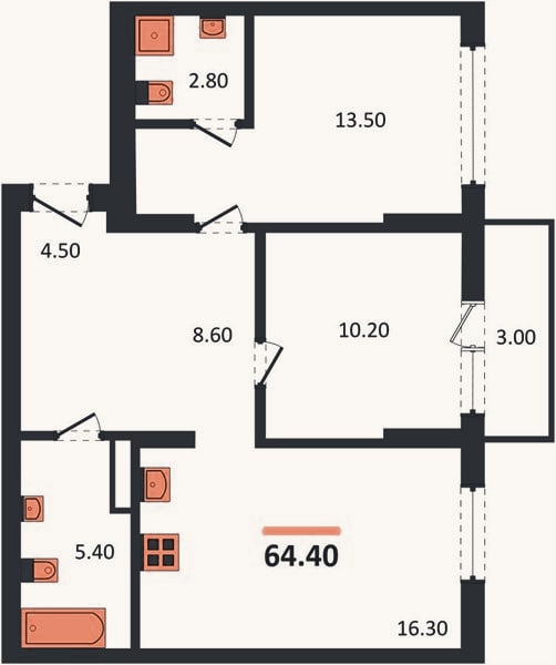 Планировка: 2-к, 64,4 м²