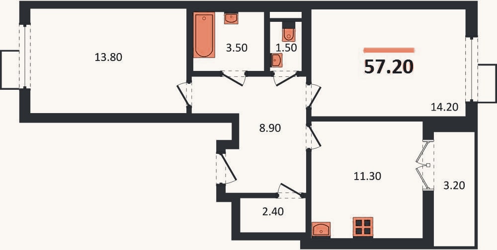 Планировка: 2-к, 57,2 м²