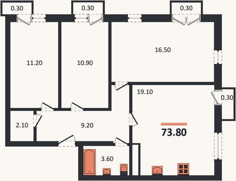 Планировка: 3-к, 73,8 м²