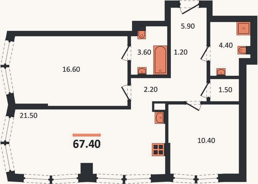 Планировка: 2-к, 67,4 м²