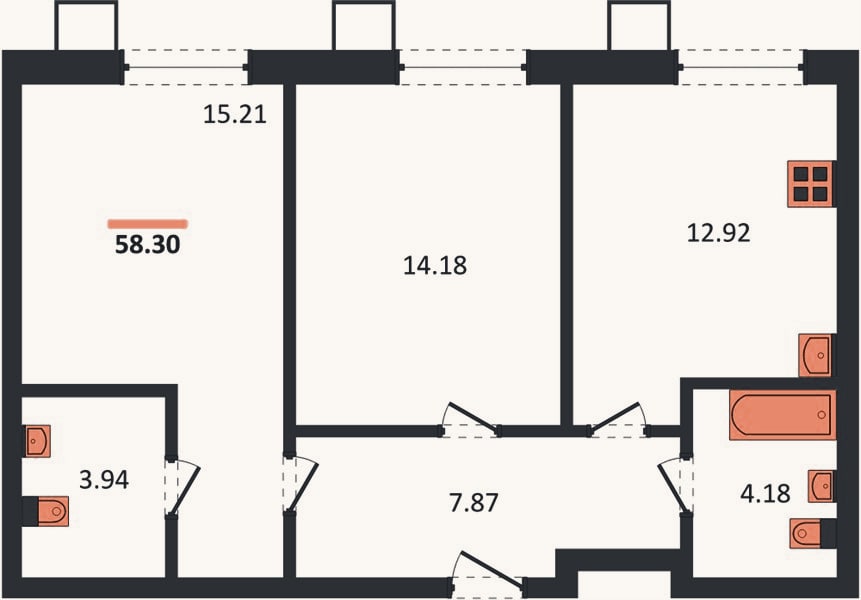 Планировка: 2-к, 58,3 м²