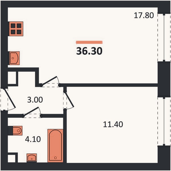 Планировка: 1-к, 36,3 м²