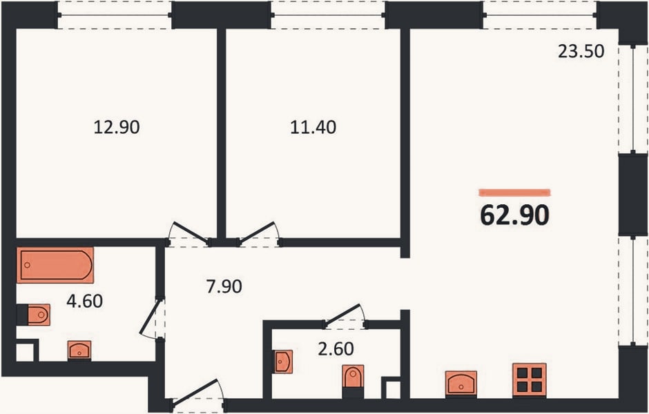 Планировка: 2-к, 62,9 м²