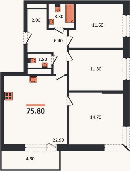 Планировка: 3-к, 74,6 м²