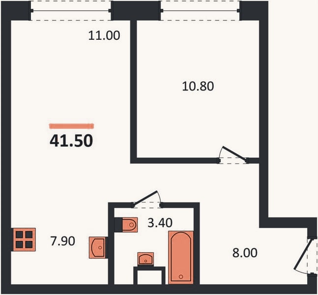 Планировка: 1-к, 41,5 м²