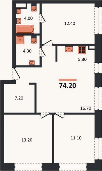 Планировка: 3-к, 74,2 м²