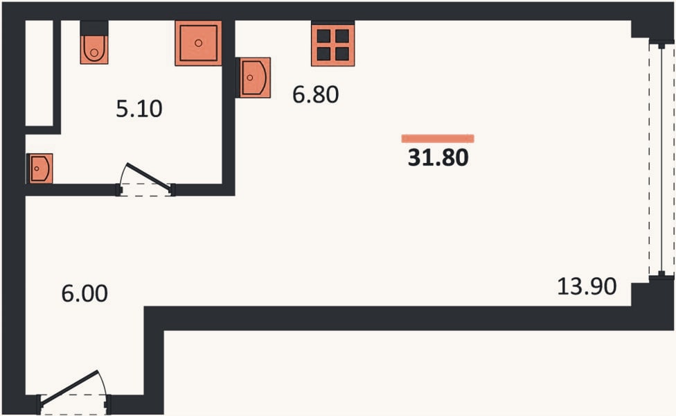 Планировка: Студия, 31,8 м²