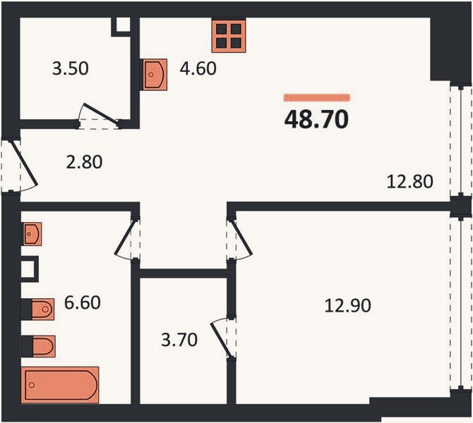 Планировка: 1-к, 48,7 м²