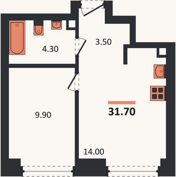Планировка: 1-к, 31,7 м²