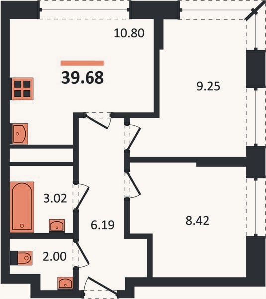 Планировка: 2-к, 39,7 м²