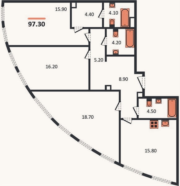 Планировка: 3-к, 97,3 м²