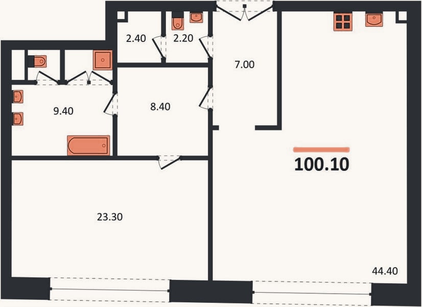 Планировка: 1-к, 100,1 м²