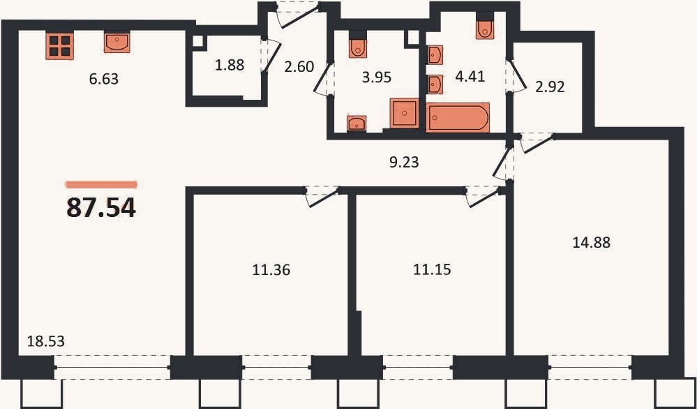 Планировка: 3-к, 87,5 м²