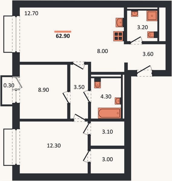 Планировка: 2-к, 62,9 м²