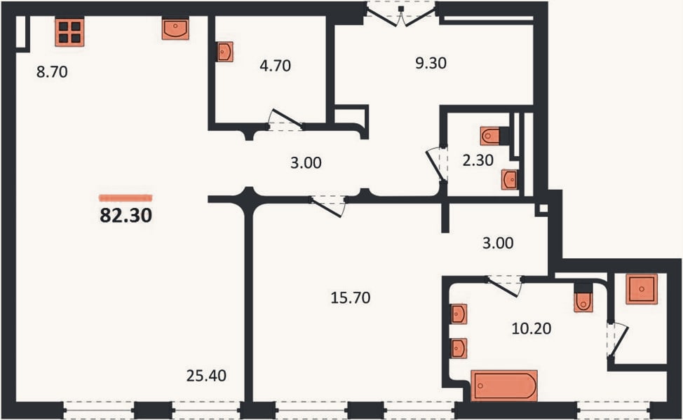 Планировка: 1-к, 82,3 м²