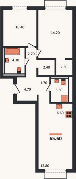 Планировка: 2-к, 65,6 м²