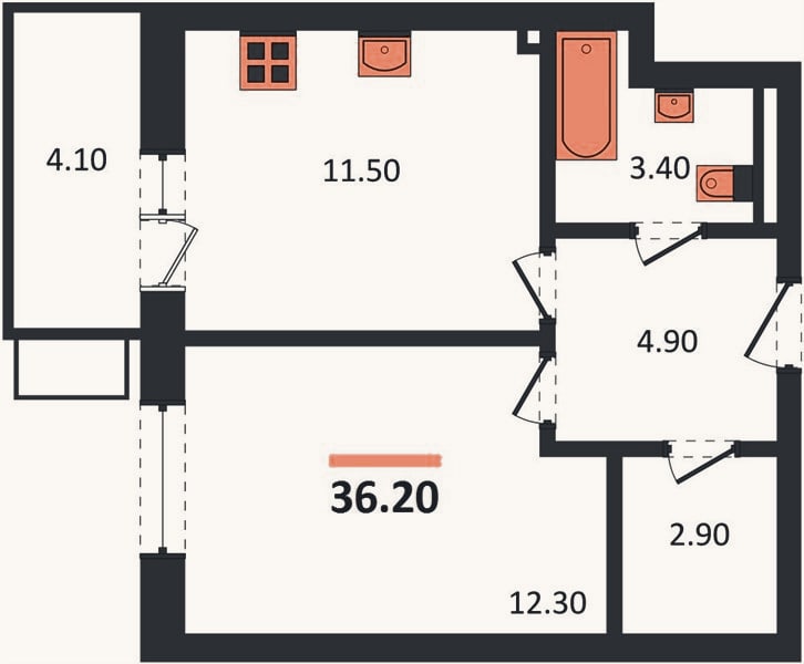 Планировка: 1-к, 36,2 м²