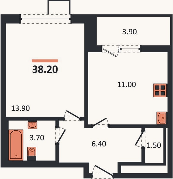 Планировка: 1-к, 38,2 м²
