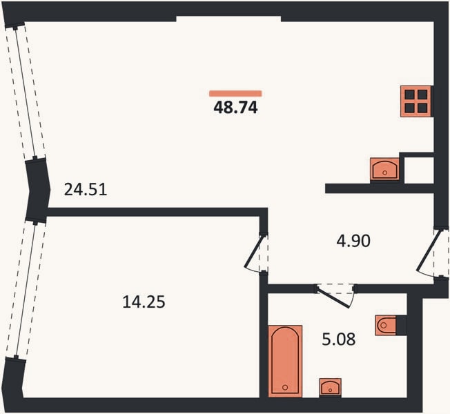 Планировка: 1-к, 48,8 м²