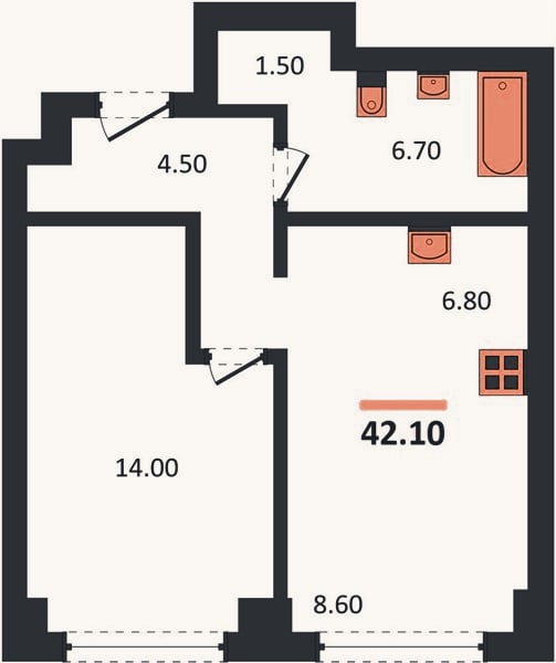 Планировка: 1-к, 42,1 м²