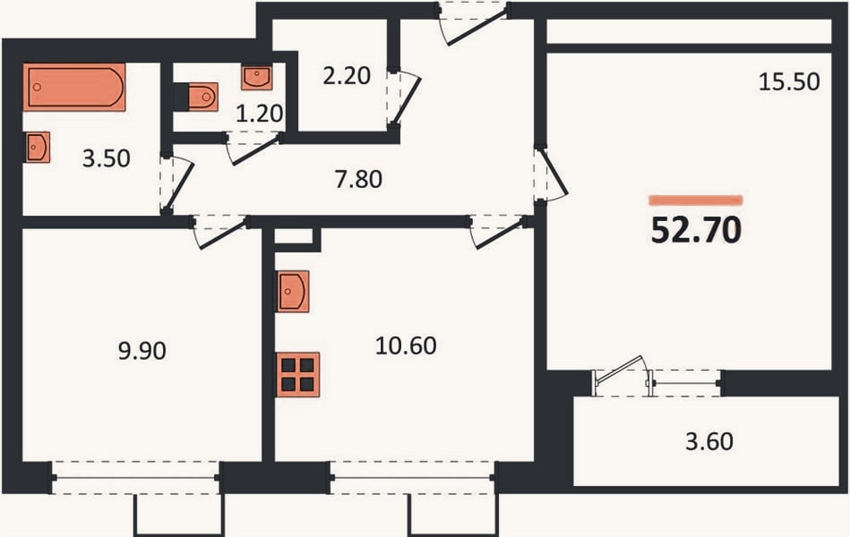 Планировка: 2-к, 52,7 м²