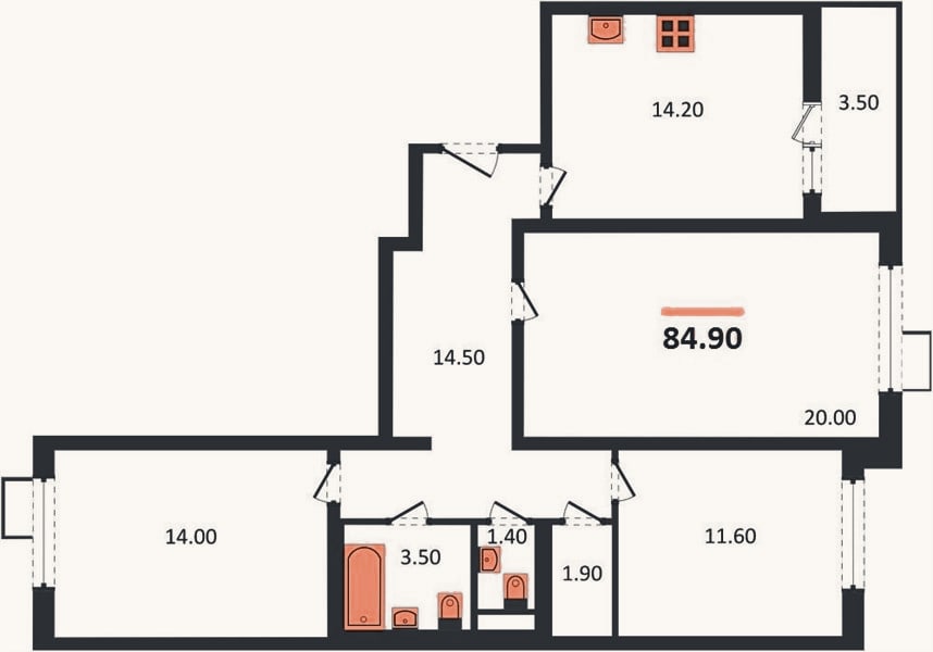 Планировка: 3-к, 84,9 м²