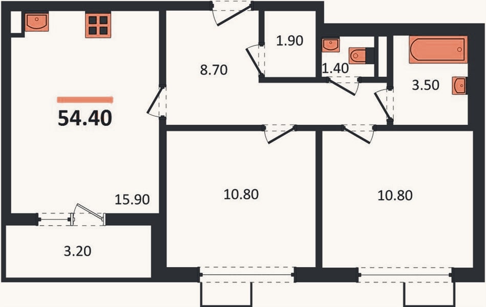 Планировка: 2-к, 54,4 м²
