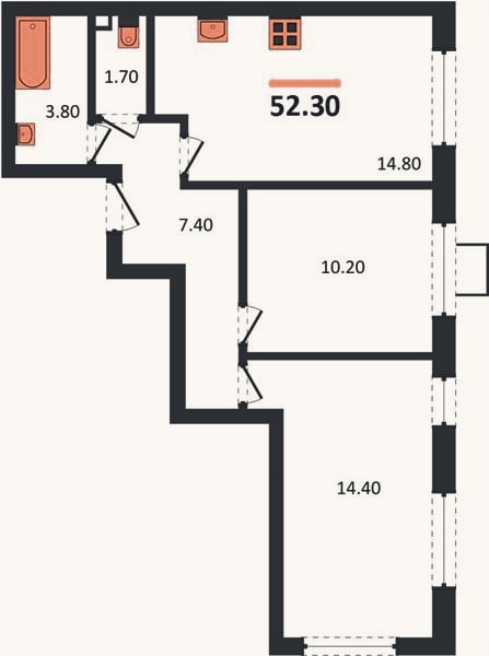 Планировка: 2-к, 52,3 м²