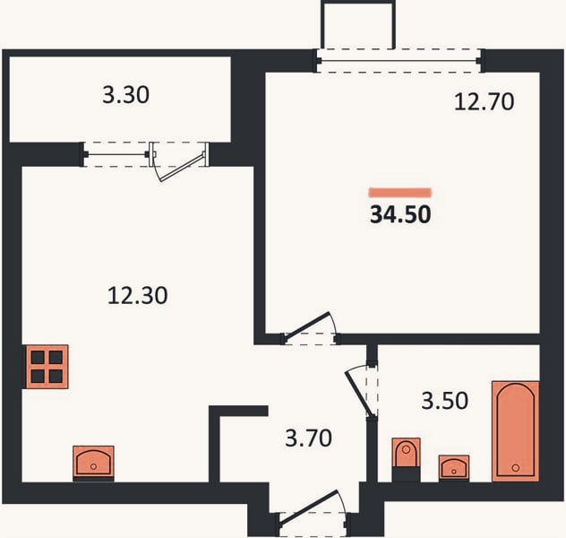 Планировка: 1-к, 34,5 м²