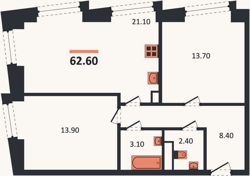 Планировка: 2-к, 62,6 м²